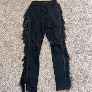 Swankaposh Skinny Leg Fringe Ripped Black Denim